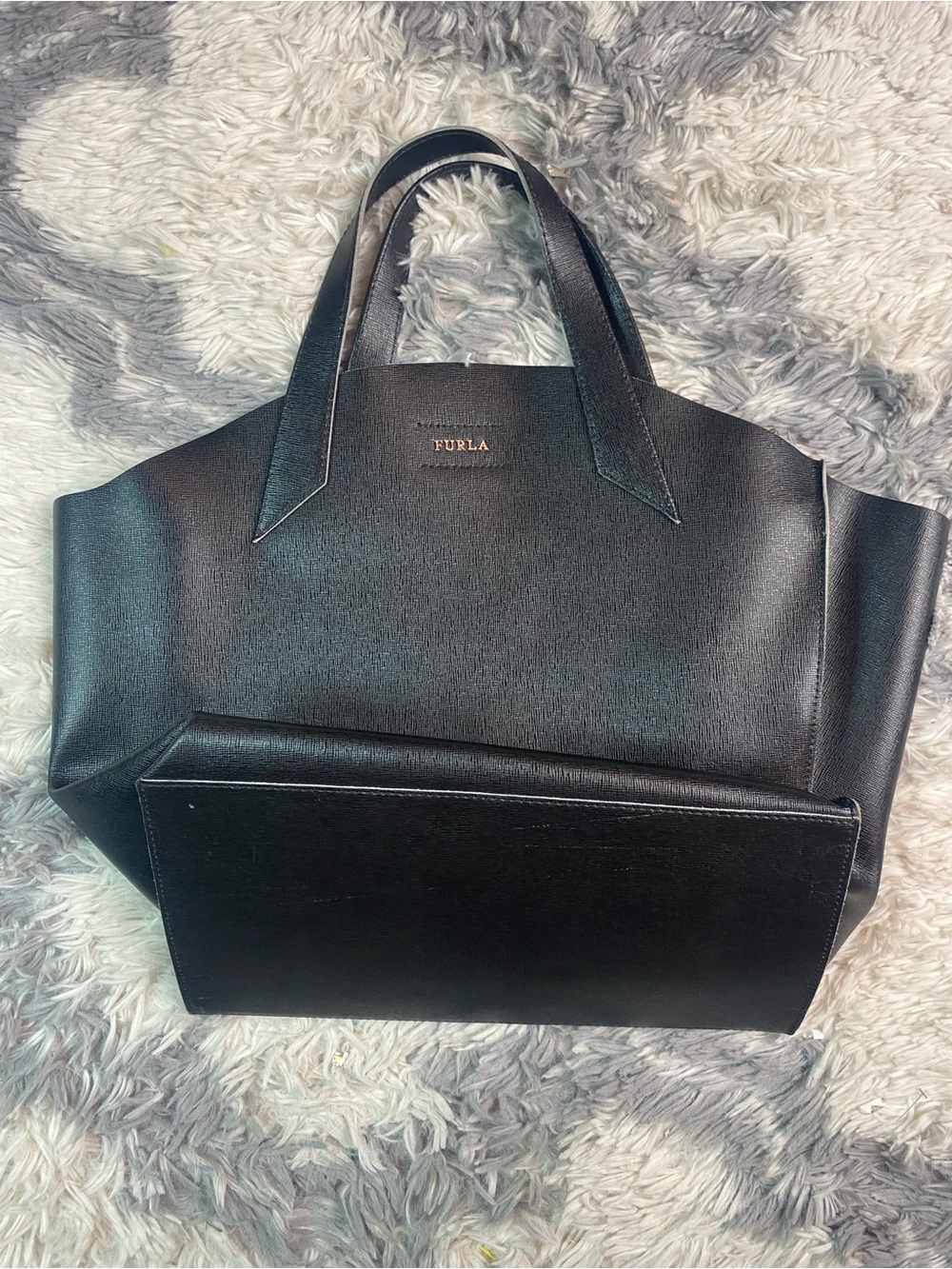 Furla Jucca Black  Leather Tote Bag Structured Top Handle Satchel Italy